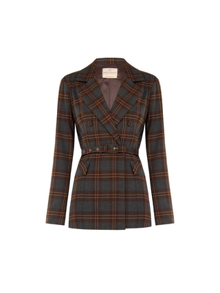 Brown Check Double-Breasted Jacket with Belt