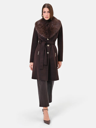 Brown coat with faux fur collar and belt