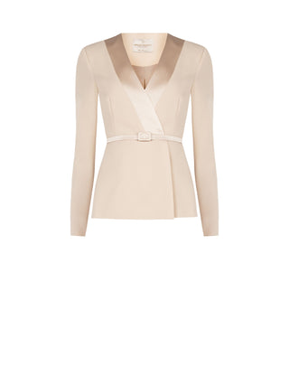 Taupe beige jacket with a belt and satin lapels