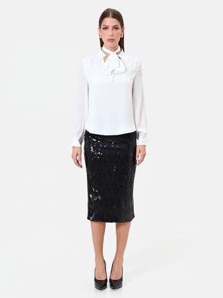 Cream Tie-Neck Blouse with Rhinestones