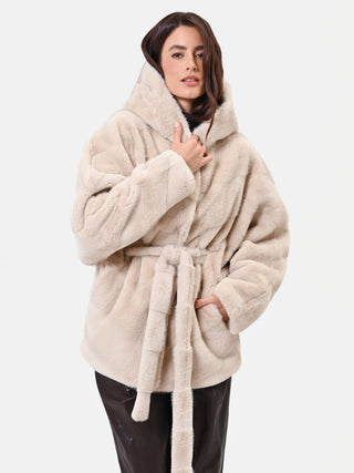 Beige Hooded Wrap Coat with Striped Texture
