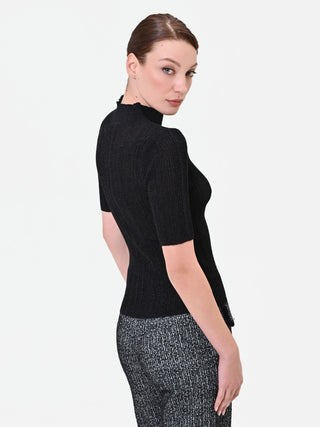 Black Ribbed Top with Decorative Buttons