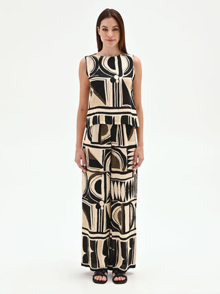 Black Abstract Print Top with Flounced Hem