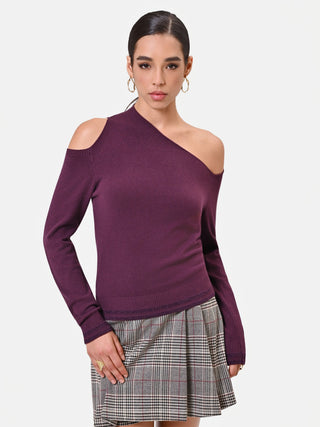 Maglia in viscosa bordeaux con scollo asimmetrico