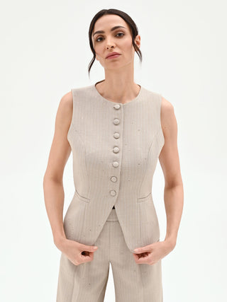 Beige Pinstripe Vest with Sparkle Detail