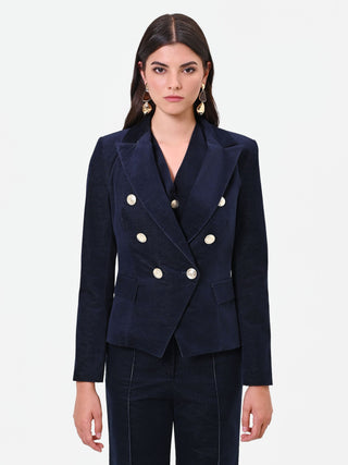Navy Blue Velvet Double-Breasted Jacket