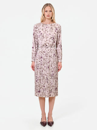 Robe plissée vieux rose à imprimé botanique