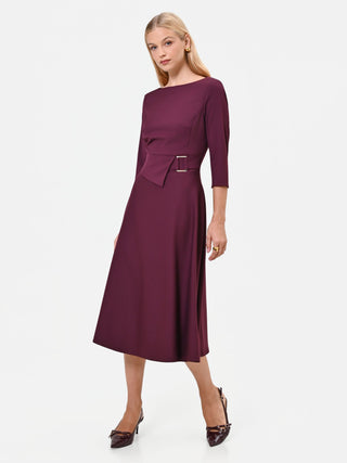 Burgundy Red Polyviscose Midi Dress with Buckle Detail