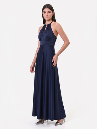 Robe longue bleu marine en satin avec décolleté halter