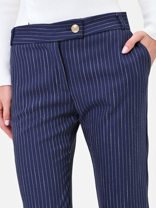 Pantalone in misto viscosa blu navy gessato