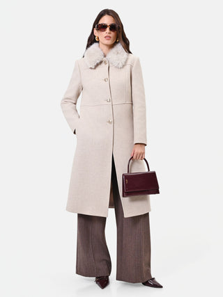 Cappotto monopetto tortora beige con collo effetto pelliccia