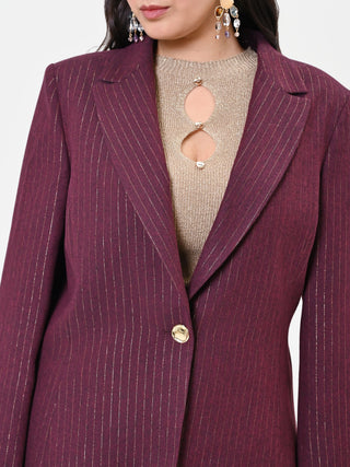 Curvy Single-Breasted Burgundy Pinstripe Viscose-Blend Jacket