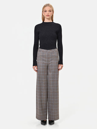 Dark Brown Check Polyviscose Wide-Leg Trousers