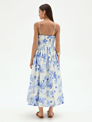 Abito midi azzurro con stampa floreale