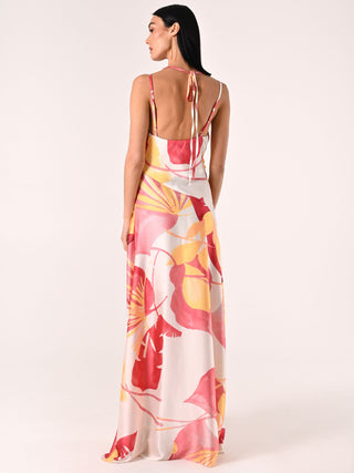 Robe longue en satin imprimé feuilles
