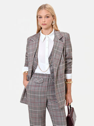 Taupe Beige Prince of Wales Check Polyviscose Double-Breasted Jacket