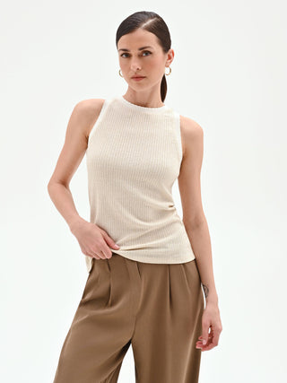 Top oro in maglia a costine con orli smerlati