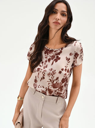 Chocolate Floral-Print Satin Blouse