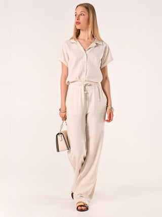 Pantaloni Beige Ampi in Lino Cotone