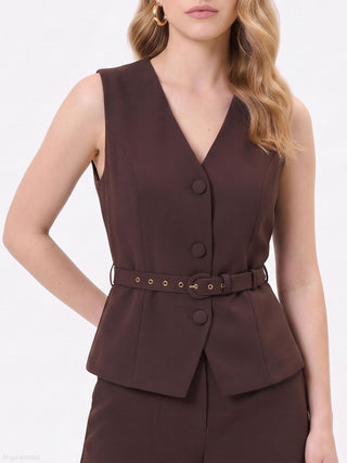 Brown cady jumpsuit with vest effect and belt