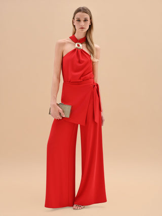 Pantalon palazzo rouge à effet portefeuille
