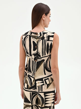 Black Abstract Print Top with Flounced Hem