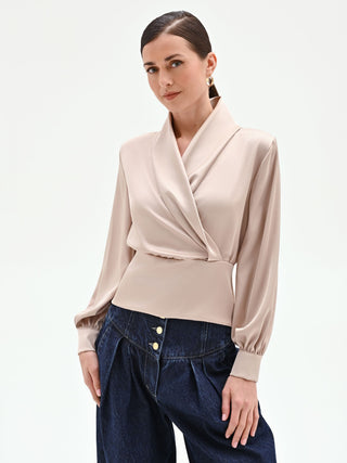 Taupe Beige Satin Wrap Blouse