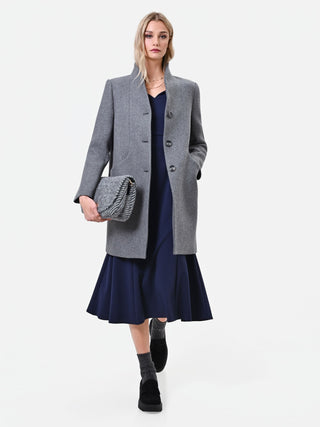 Grey Single-Breasted Coat with Stand Collar