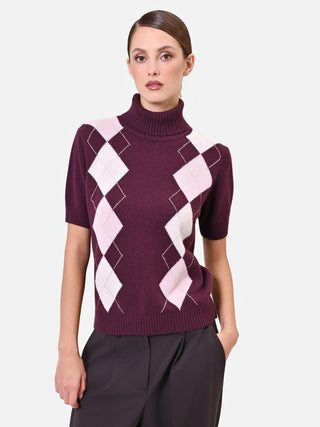 Pull col roulé en viscose bordeaux à motif losanges