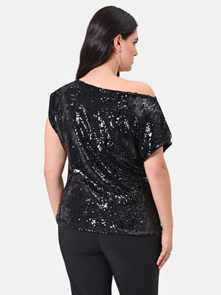 Curvy Black Asymmetrical Sequin Blouse