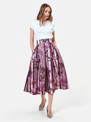 Plissee-Midirock mit floralem Print in Bordeauxrot