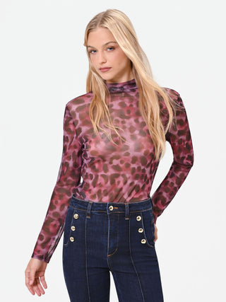 Fitted Burgundy Tulle Blouse with Animal Print