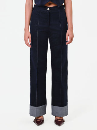 Navy Blue Velvet Trousers with Contrast Stitching