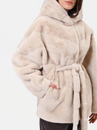Beige Hooded Wrap Coat with Striped Texture