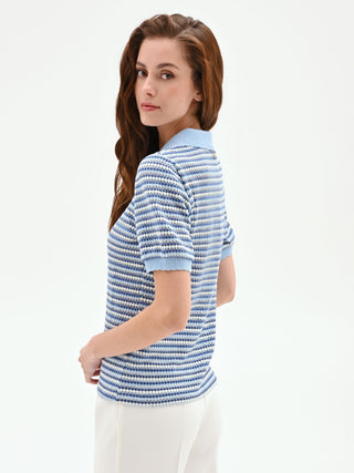 Striped Light Blue Knit Polo Shirt