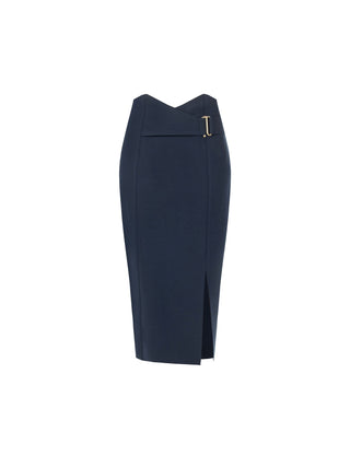 Navy Blue Poly-Viscose Pencil Skirt with Gold Detail