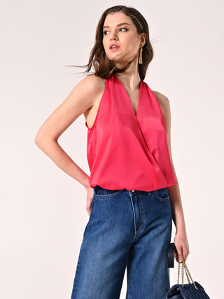 Top Fuxia in Raso con scollo all'Americana