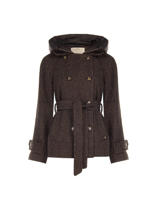 Short Chocolate Wool Coat with Quilted Insert