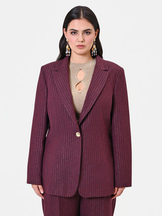 Curvy Single-Breasted Burgundy Pinstripe Viscose-Blend Jacket