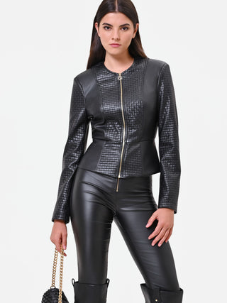 Schwarze Kunstlederjacke mit Schößchen