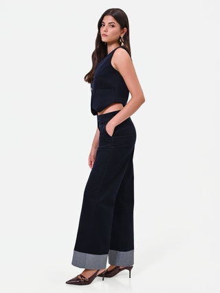 Navy Blue Velvet Trousers with Contrast Stitching