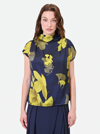 Navy Blue Floral Print Draped Top