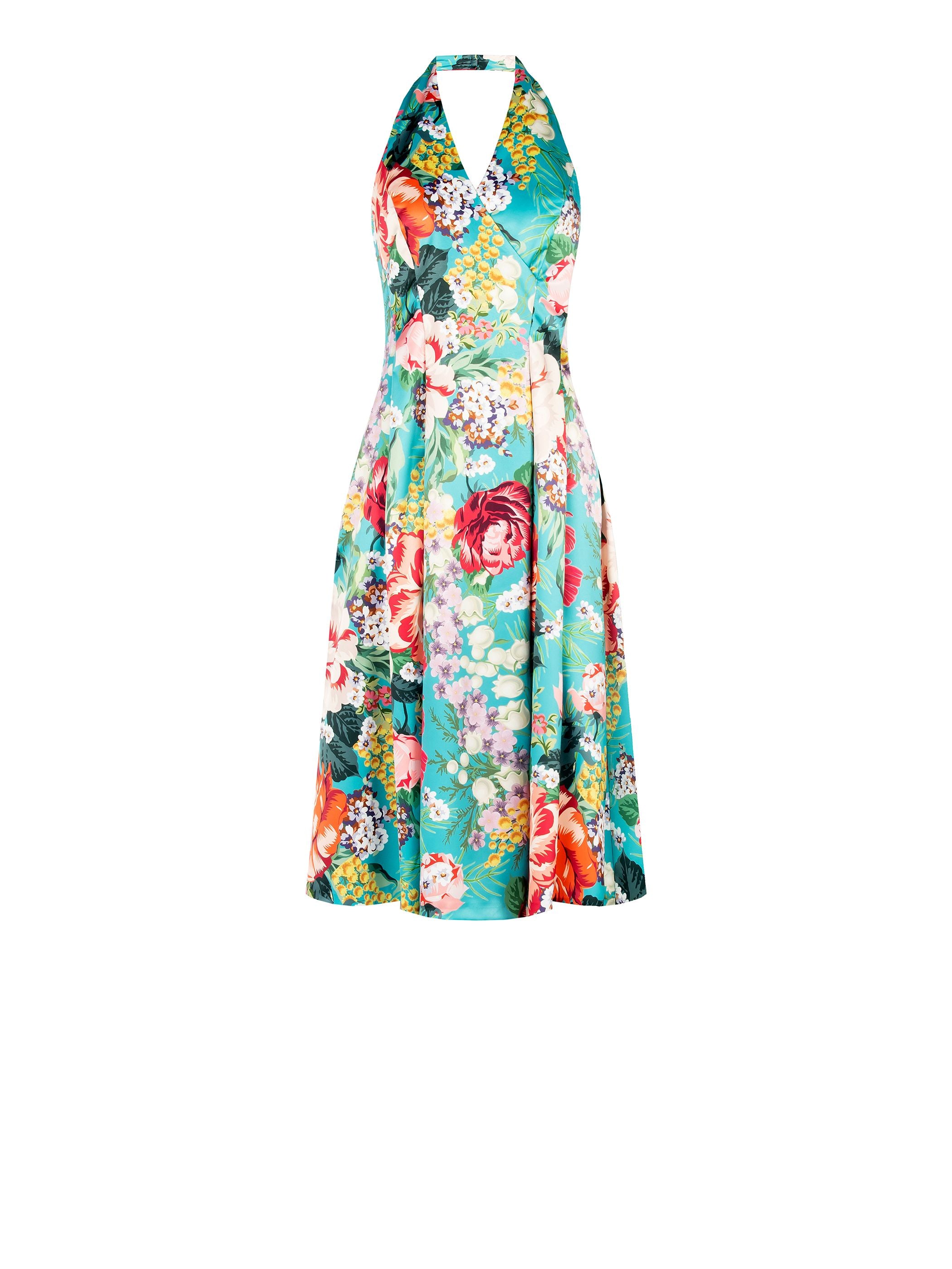 Turquoise Floral Halter-Neck Midi Dress  Rinascimento
