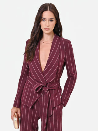 Burgundy Pinstripe Belted Blazer