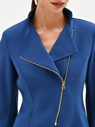 Bright blue jacket with asymmetrical zip