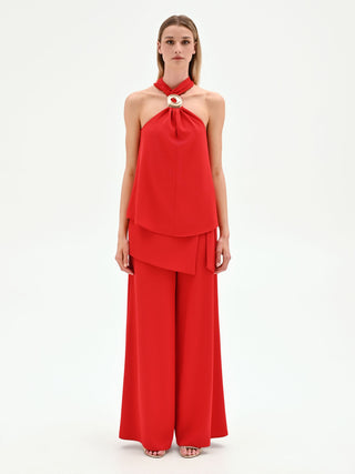 Top rosso con scollo all'americana e anello