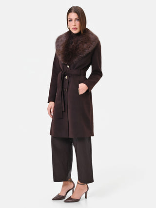 Brown coat with faux fur collar and belt