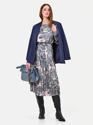 Abito midi grigio toile de jouy con gonna plissettata