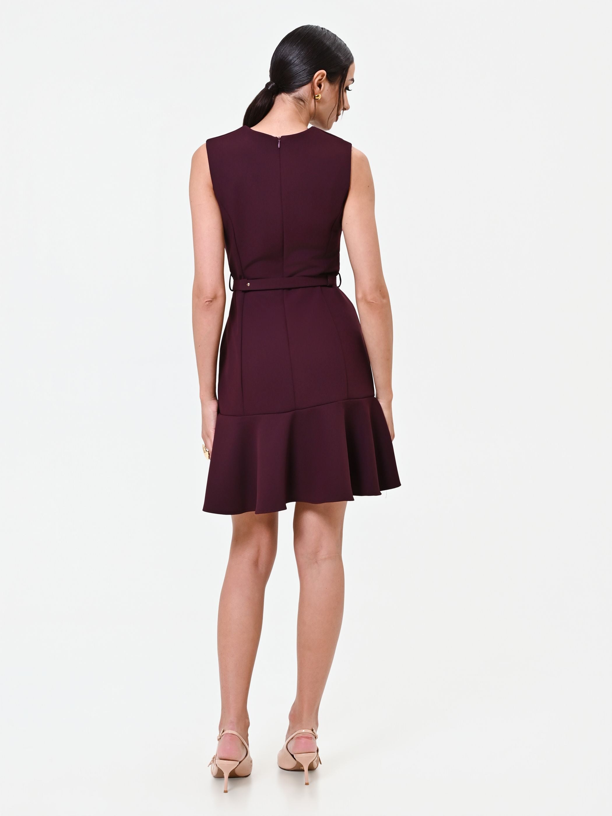Burgundy Belted Flounce-Hem Dress  Rinascimento