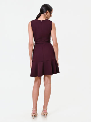 Burgundy Belted Flounce-Hem Dress